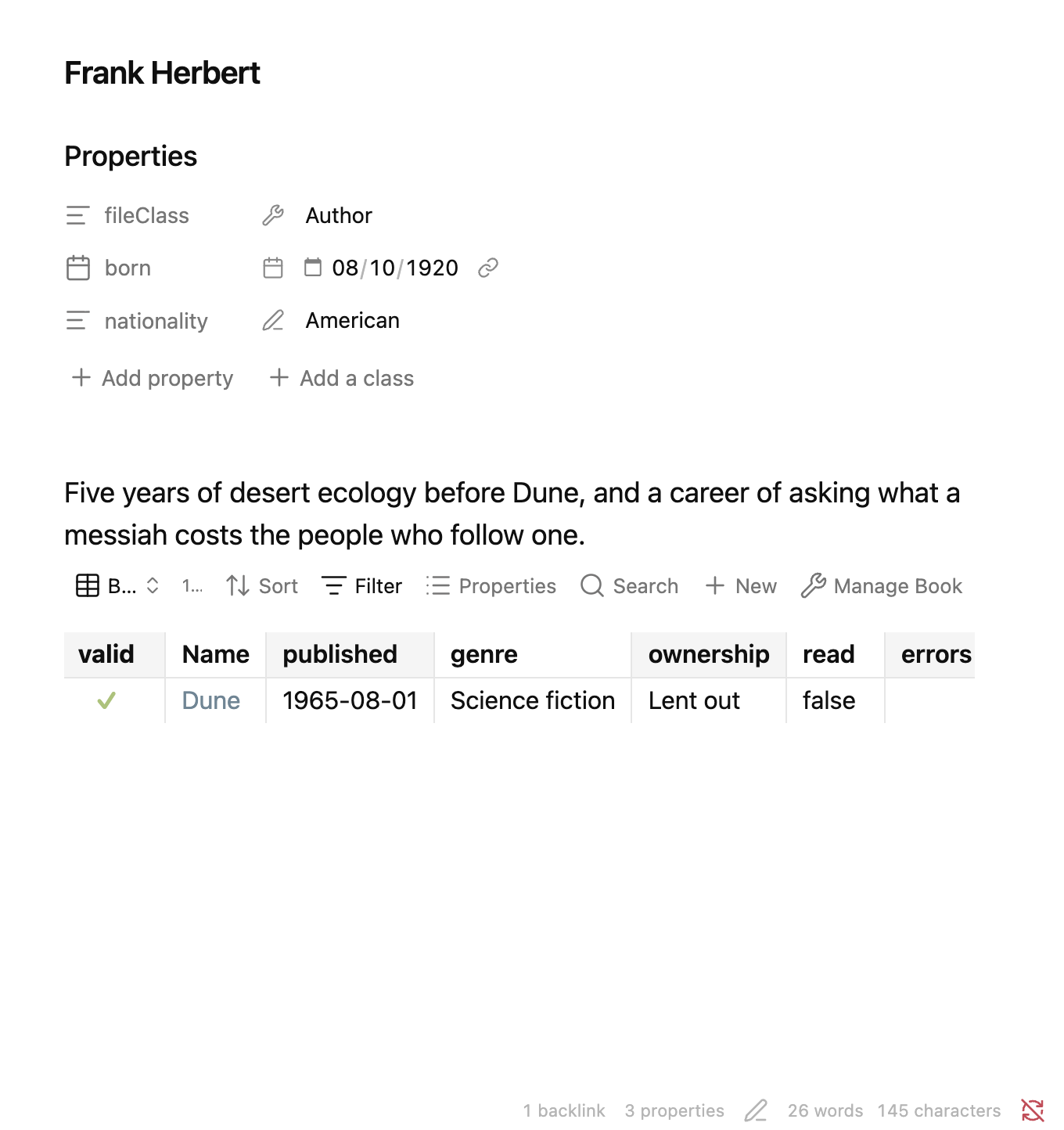 An author note in reading mode: its properties, its prose, and a table of the books whose author it is